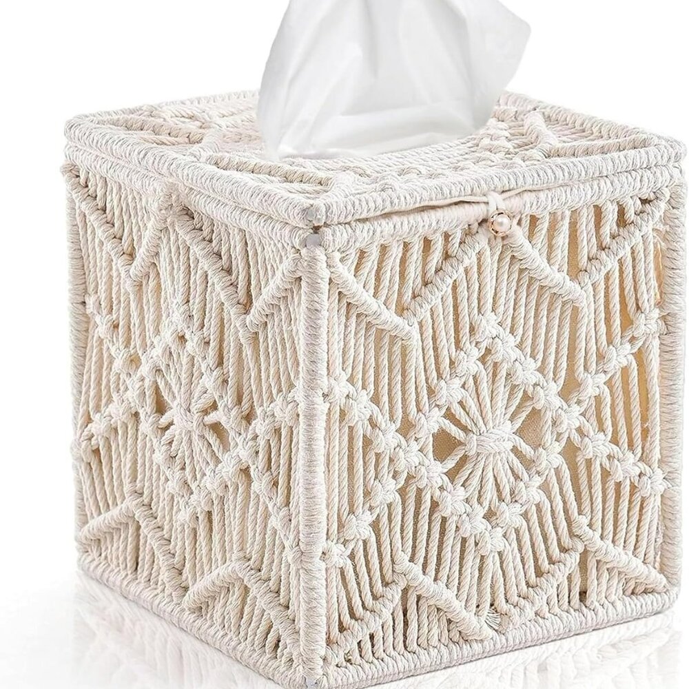 Boho Decor Tissue Box Cover Bohemian Rope Basket Macrame Farmhouse